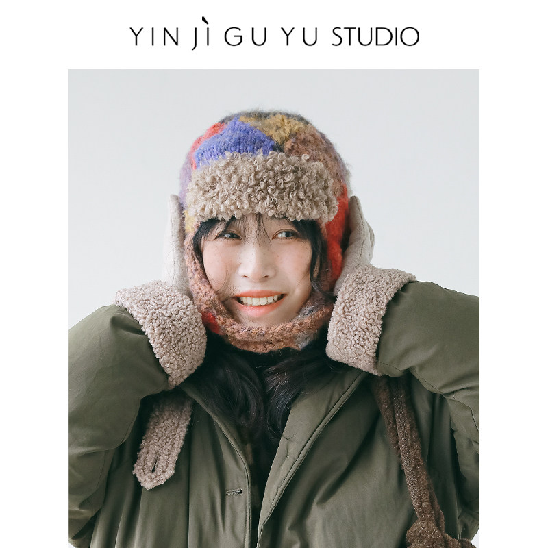 印计谷羽原创款拼色保暖飞行帽子女冬加厚毛线帽防风针织冷帽,淘宝优惠券,粉丝福利购,淘宝优惠卷