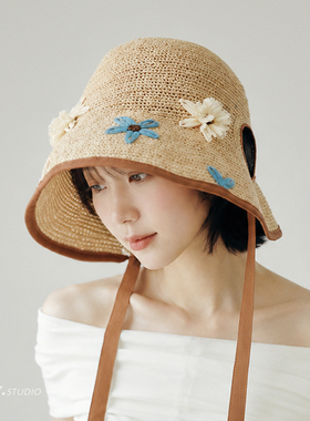 印计谷羽帽子女新款2026拉菲草帽度假出游防晒遮阳帽巨好看萝莉帽
