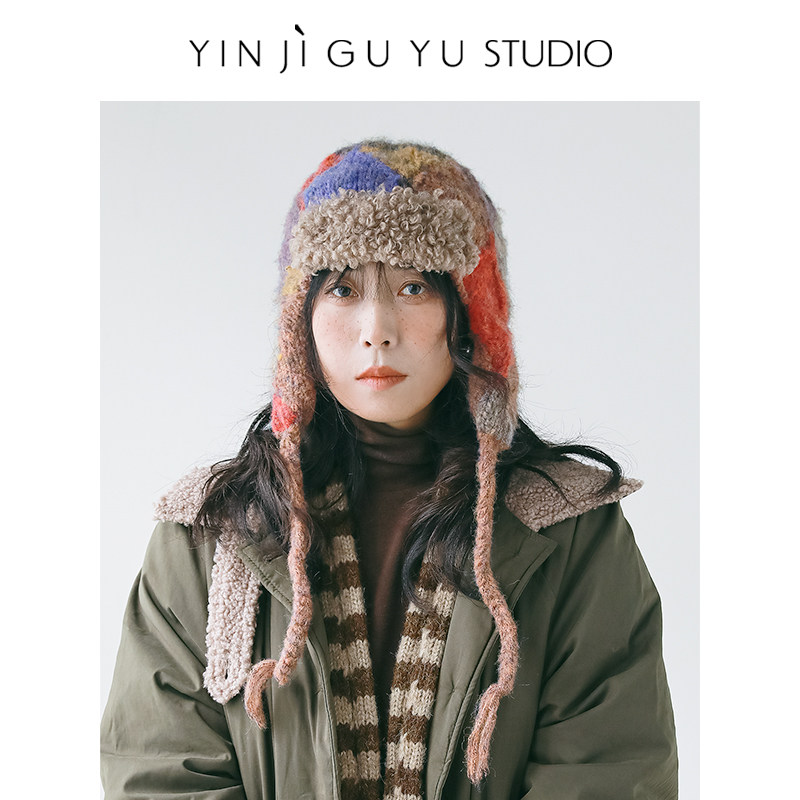 印计谷羽原创款拼色保暖飞行帽子女冬加厚毛线帽防风针织冷帽,淘宝优惠券,粉丝福利购,淘宝优惠卷