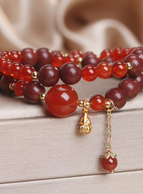 新中式天然红玛瑙双圈手链显白