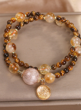 天然黄塔晶虎眼石手链女国潮双圈