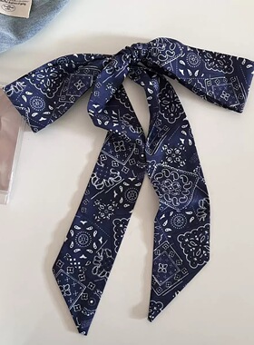 韩系复古藏青腰果花小长条丝巾发带女气质百搭绑发飘带新款发饰