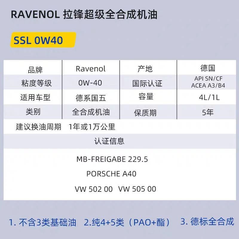 德国Ravenol汉诺威/拉锋USVO系列SSL 0W-40 SN 4+5类全合成机油4L - 图0