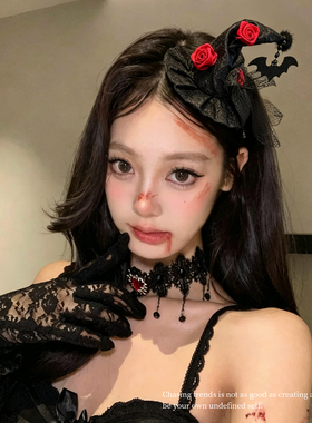 万圣节黑蕾丝玫瑰女巫帽发夹