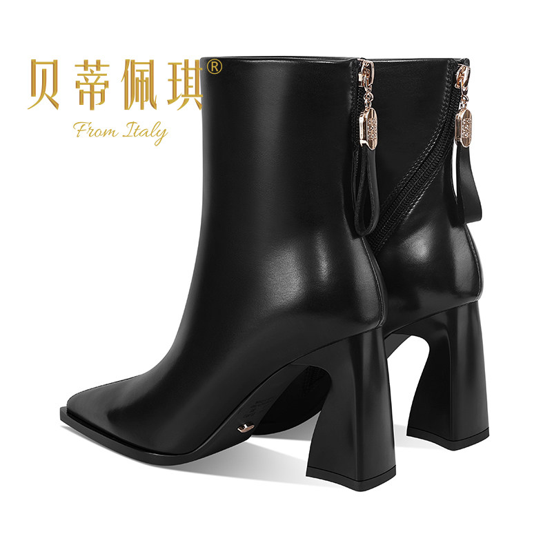 百搭尖头粗跟侧拉链短筒靴女2025年秋冬新款真皮高跟加绒时装靴子,淘宝优惠券,粉丝福利购,淘宝优惠卷