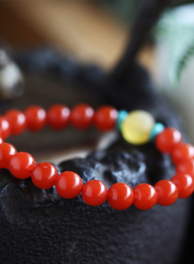 南红玛瑙天然蜜蜡回纹珠手链