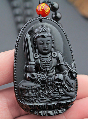 磨砂黑曜石生肖属兔文殊菩萨吊坠