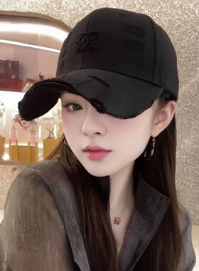 新款百搭显脸小棒球帽子女立体字母刺绣做旧破洞时尚防晒鸭舌帽男