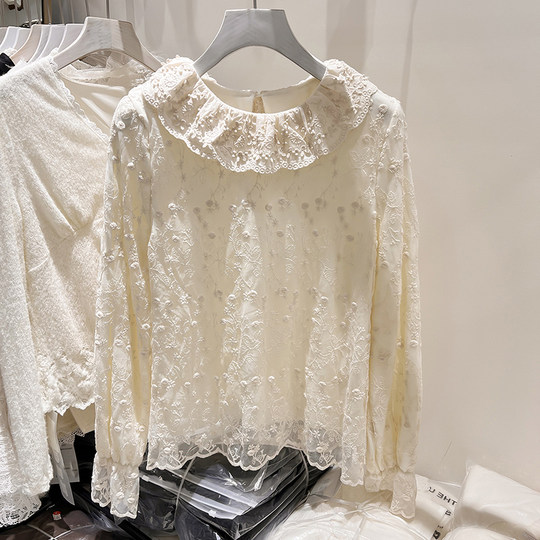 2025新款韩国气质显瘦娃娃领刺绣加厚保暖长袖纯色蕾丝上衣女冬季