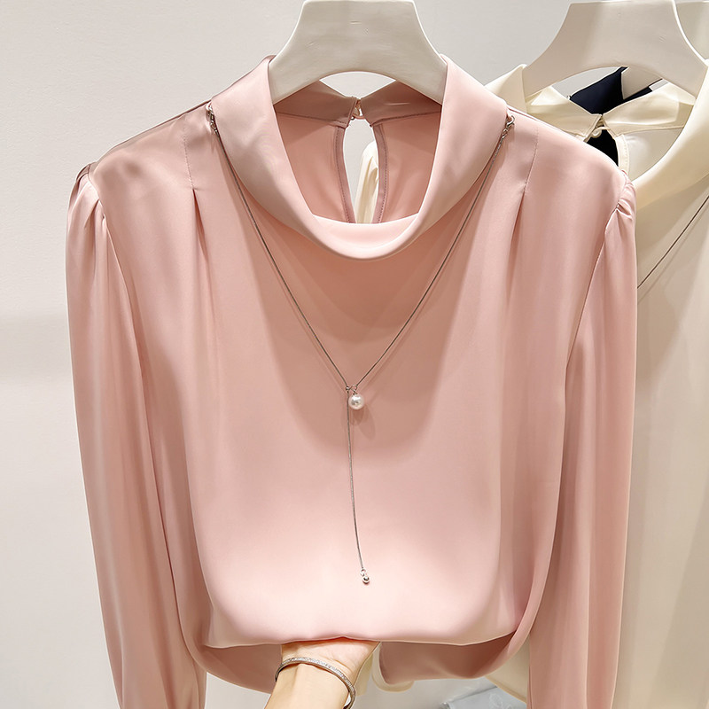 2025新款法式气质显瘦立领珍珠链条装饰纯色长袖雪纺衫女秋季衬衫