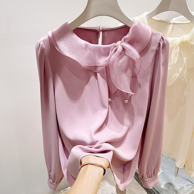 2026 ໃໝ່ ເກົາຫຼີ temperament round neck organza beaded lace solid color pullover long-sleeved chiffon shirt for women in spring