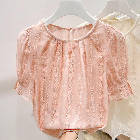 2025新款粉色气质圆领钉珠刺绣钩花镂空短袖雪纺衫女夏季蕾丝衫