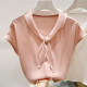 2025 ໃໝ່ 2025 ແບບຝຣັ່ງກະທັດຮັດຄໍ V-neck organza splicing beading ສີແຂງ pullover ເສື້ອ chiffon ແຂນສັ້ນ summer