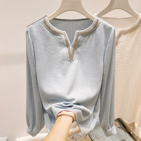2025新款法式气质纯色圆领开叉镶钻纯色套头长袖上衣女秋季