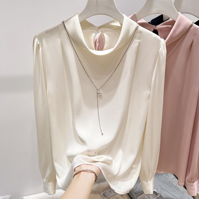 2025新款法式气质显瘦立领珍珠链条装饰纯色长袖雪纺衫女秋季衬衫