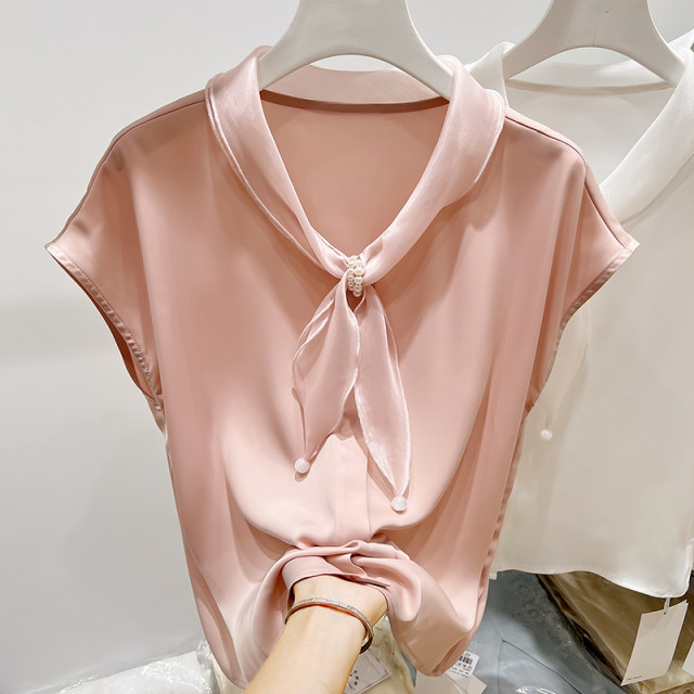 2025 ໃໝ່ 2025 ແບບຝຣັ່ງກະທັດຮັດຄໍ V-neck organza splicing beading ສີແຂງ pullover ເສື້ອ chiffon ແຂນສັ້ນ summer