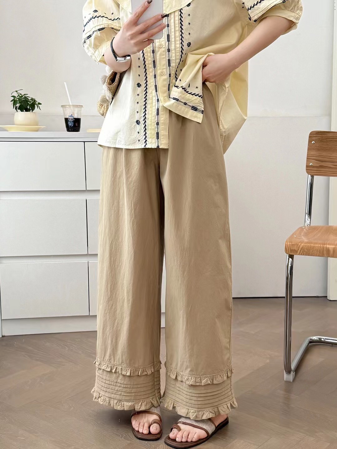 森系甜美木耳花边阔腿裤女日系复古松紧高腰褶皱百搭直筒裤,淘宝优惠券,粉丝福利购,淘宝优惠卷