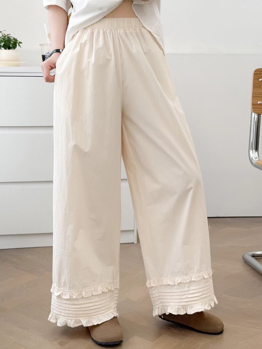 森系甜美木耳花边阔腿裤女日系复古松紧高腰褶皱百搭直筒裤,淘宝优惠券,粉丝福利购,淘宝优惠卷