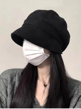 徐艺洋同款黑色八角帽子女网红素颜遮脸鹿皮绒渔夫帽秋冬天贝雷帽