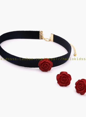 红玫瑰手作复古气质丝绒饰品项圈