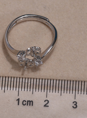 s925纯银戒指环 银饰双珠可调节珍珠戒指托 DIY手工制作银配件