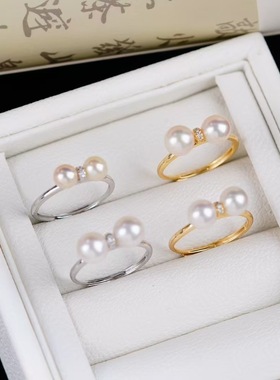 s925纯银戒指环 银饰双珠可调节珍珠戒指托DIY手工制作银配件空托