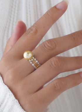 DIY配件分色镂空蕾丝戒指半成品可调节大小珍珠托女时尚个性指环