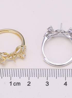s925纯银戒指环 银饰开口蝴蝶结珍珠戒指托 DIY手工制作银配件
