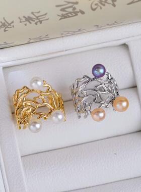 s925纯银戒指环 银饰多珠可调节珍珠戒指托DIY手工制作银配件空托