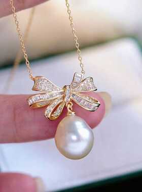 珍珠吊坠配件 s925纯银含项链蝴蝶结套链diy吊坠项坠空托手工饰品