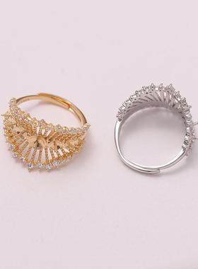 DIY饰品配件S925纯银戒指多珠空托精工奢华宽版指环戒托银托