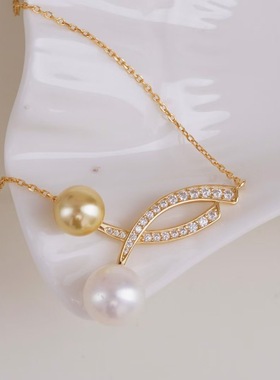 珍珠吊坠配件 s925纯银含项链 双珠配件套链 diy项坠空托手工制作