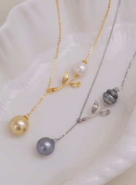 珍珠吊坠配件 s925纯银含项链 配件套链 diy双珠项坠空托手工饰品