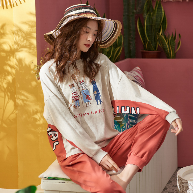 睡衣女春秋纯棉长袖时尚简约韩版卡通少女全棉家居服冬加大码套装 睡衣女春秋纯棉长袖时尚简约韩版卡通少女全棉家居服冬加大码套装