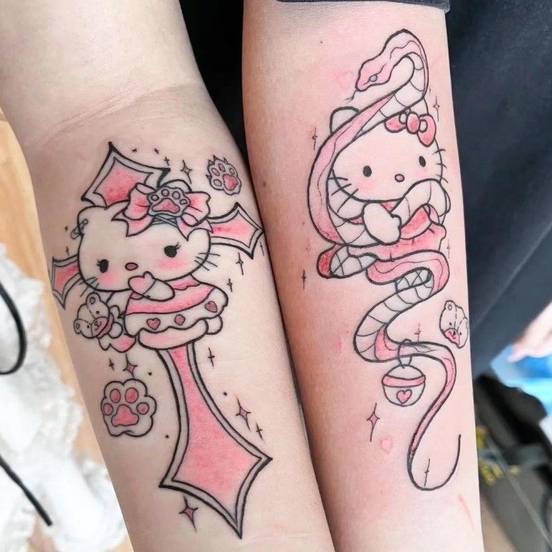 甜酷辣妹套装蝴蝶结HelloKitty凯蒂猫纹身贴可爱蛇软萌少女花臂-图1