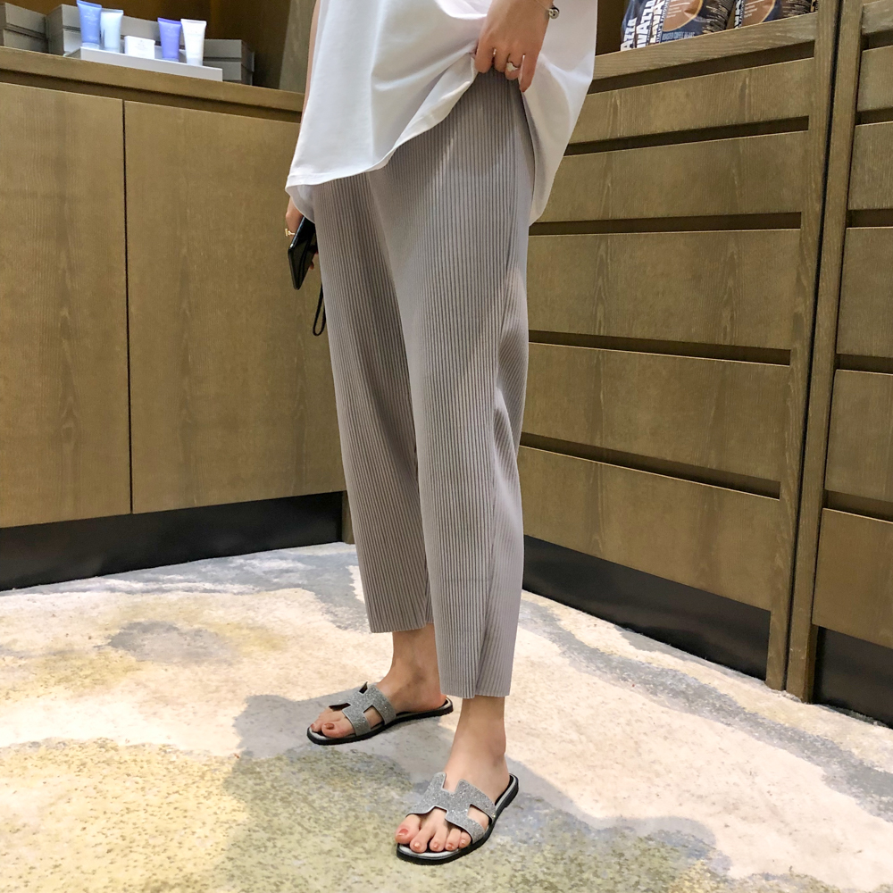 喜贵子育才专卖店孕妇夏装打底裤直筒阔腿裤子时尚宽松冰丝九分外穿薄款雪纺百褶裤2