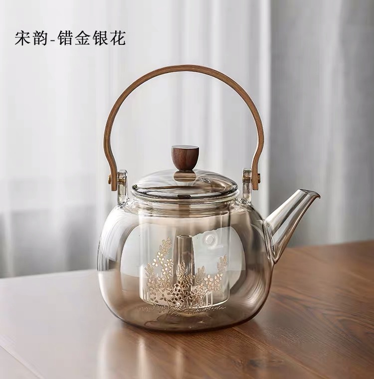 金银茶色蒸茶壶高硼硅玻璃泡茶壶蒸煮两用烧水壶家用提梁壶煮茶器