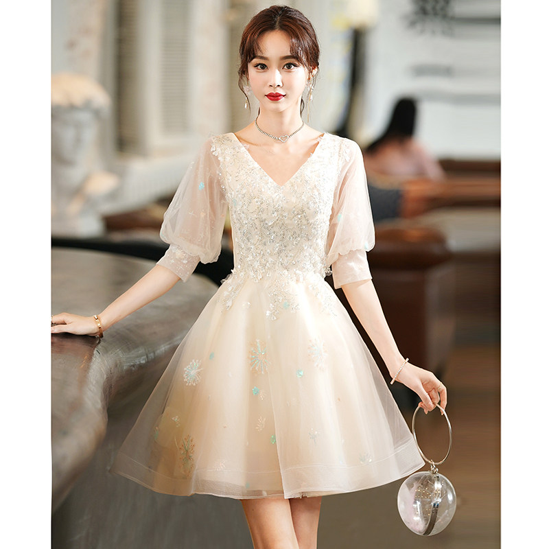 香槟色女气质短款轻奢小众高端婚纱 情海新娘礼服/晚装