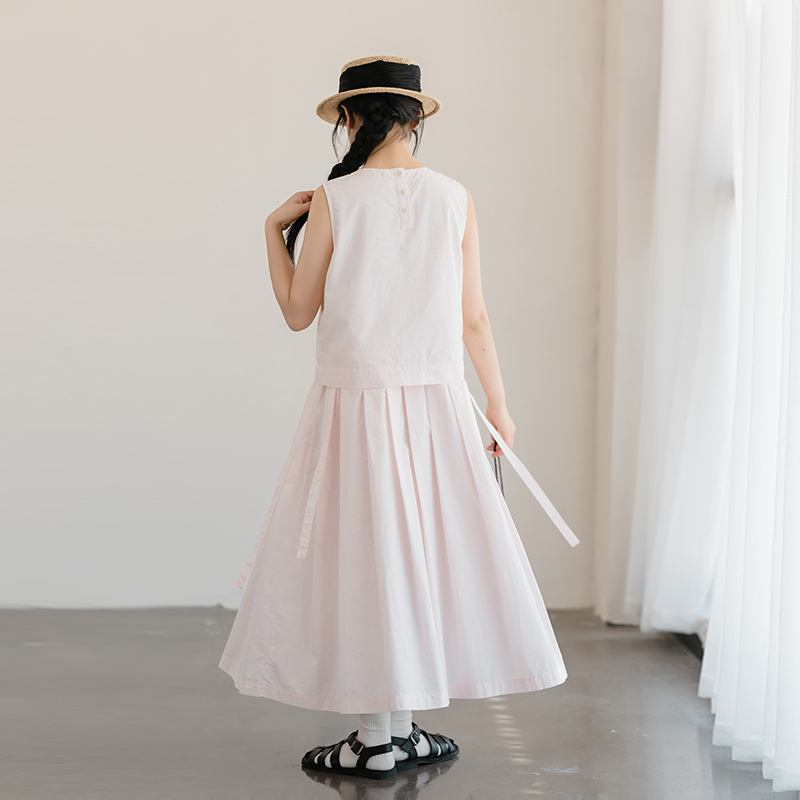 古苔 贝壳粉无袖连衣裙假两件可收腰法式日系文艺裙 - 图1