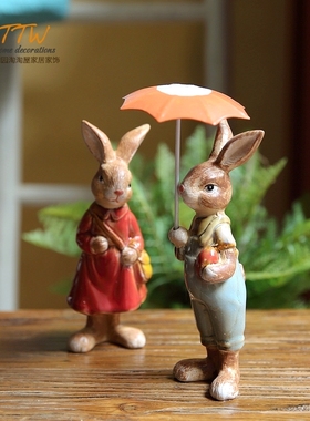 美式乡村情侣兔兔可爱造型撑伞青蛙摆件 花W园摆件儿童房