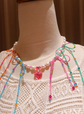 鬼马少女风重工水晶锆石蝴蝶结淡水巴洛克珍珠项链时尚配饰个性女