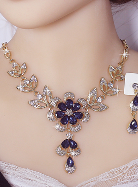 复古合金镶钻多色花朵树脂耳环项链套装气质镶水钻项链新娘饰品