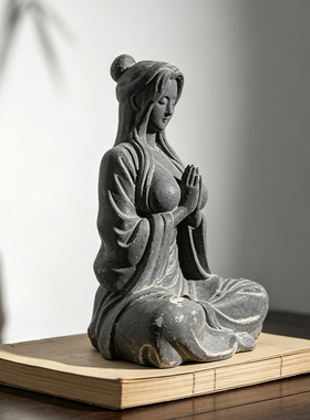 新中式青砂石禅意美女打坐茶宠摆件办公室桌面摆件鱼缸造景装饰品