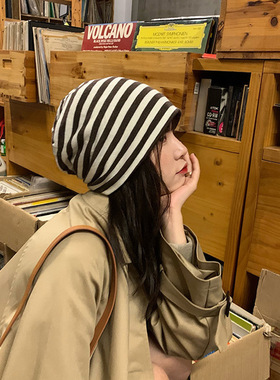 高才生帽子春夏季薄款封顶防晒透气日韩复古条纹百搭包头帽睡帽