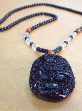 长款民族风黑曜石龙牌吊坠毛衣链