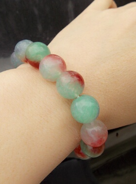 孔雀纹合成玉石手链石英岩玉圆珠手链13毫米圆珠手链玉手链玉手串