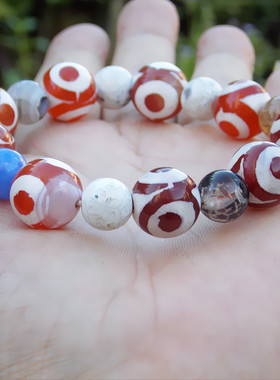 成品14mm玛瑙三眼天珠圆珠菩提佛珠手串藏式风化红肉高油玛瑙手链