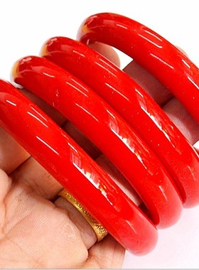 玻璃大红色玛瑙玉髓贵妃圆条手镯
