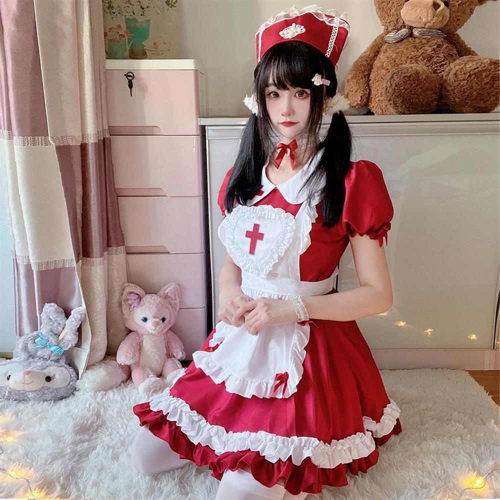 原创日本软妹Lolita 酒红十字架女仆装cos服女佣裙女装大佬连衣裙 - 图2