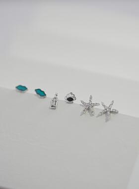 925纯银耳钉女不对称星星镶钻耳钉简约耳饰耳环韩版纯银